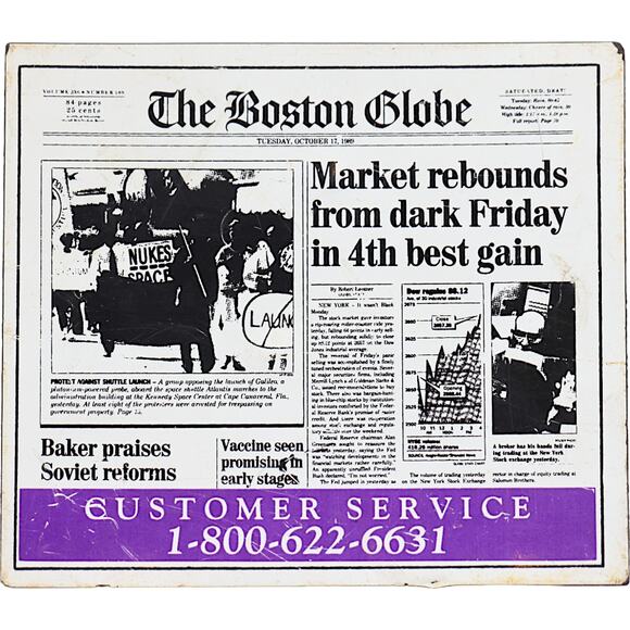 Boston Globe Newspaper October 17, 1989 Commemorative Stock Market Crash Magnet - Picture 1 of 7
